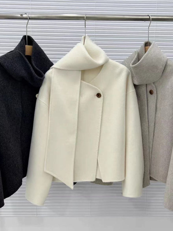 Women's short double-sided cashmere coat with scarf