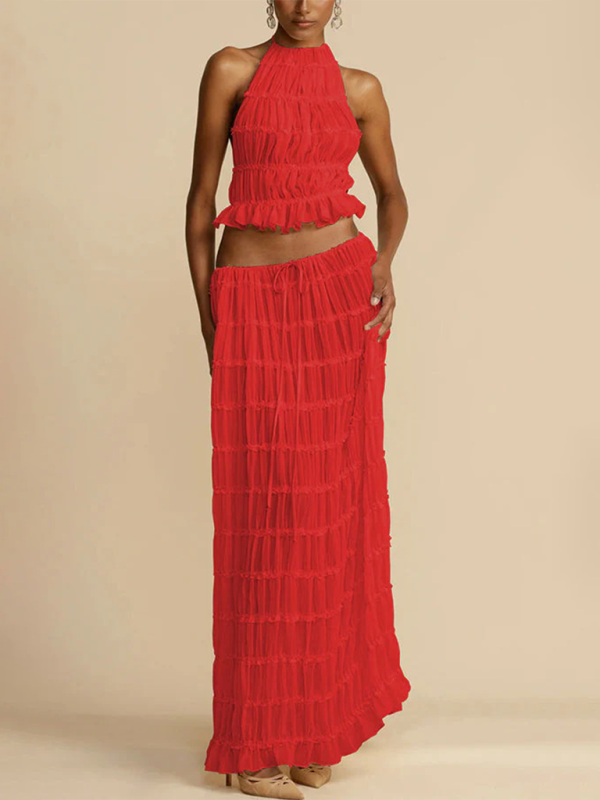 Backless lace-up halter top set and two-piece chiffon pleated long skirt with earrings