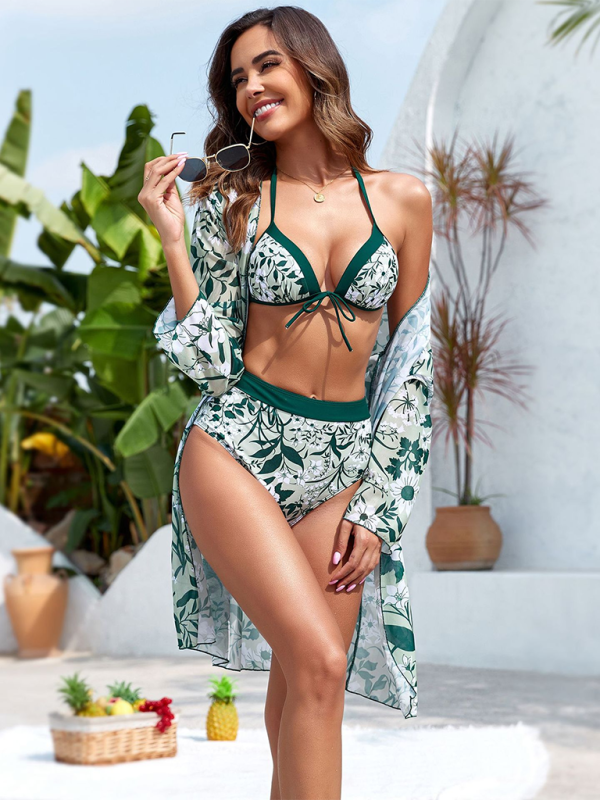 New bikini botanical print lace-up resort swimsuit three-piece set