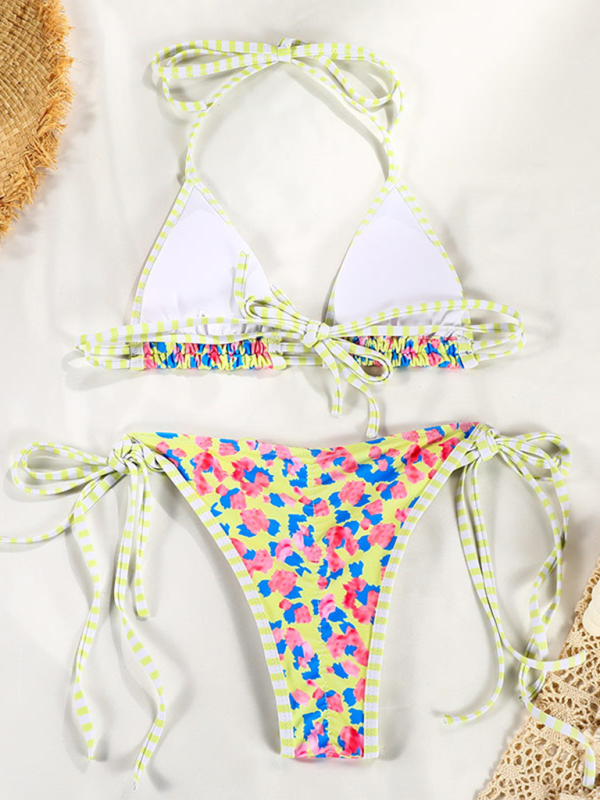 New contrast color print strappy sexy bikini