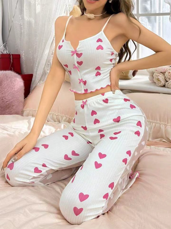 New home printing color collision splicing mesh home wear front open sling pajama set