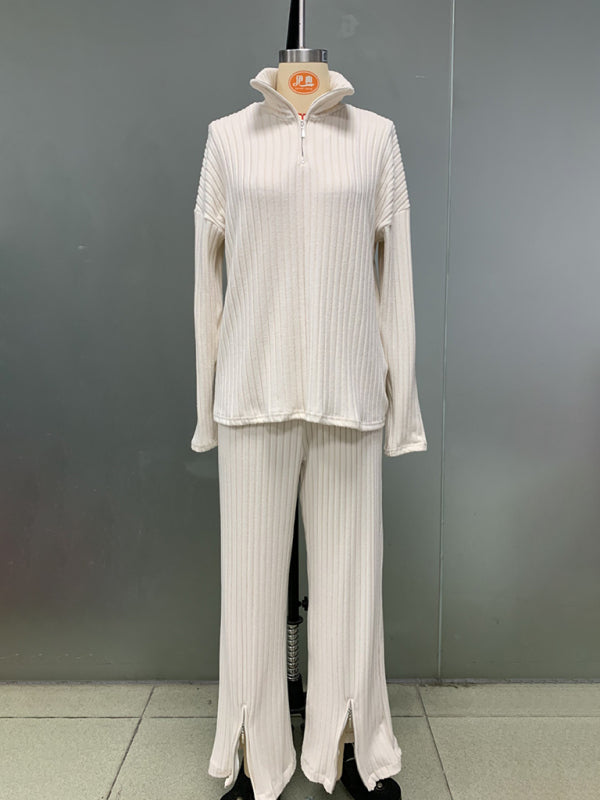 New women's solid color zipper knitted suit high collar ribbed home wear two-piece suit