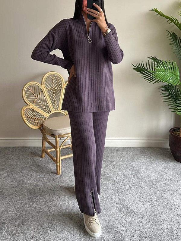 New women's solid color zipper knitted suit high collar ribbed home wear two-piece suit