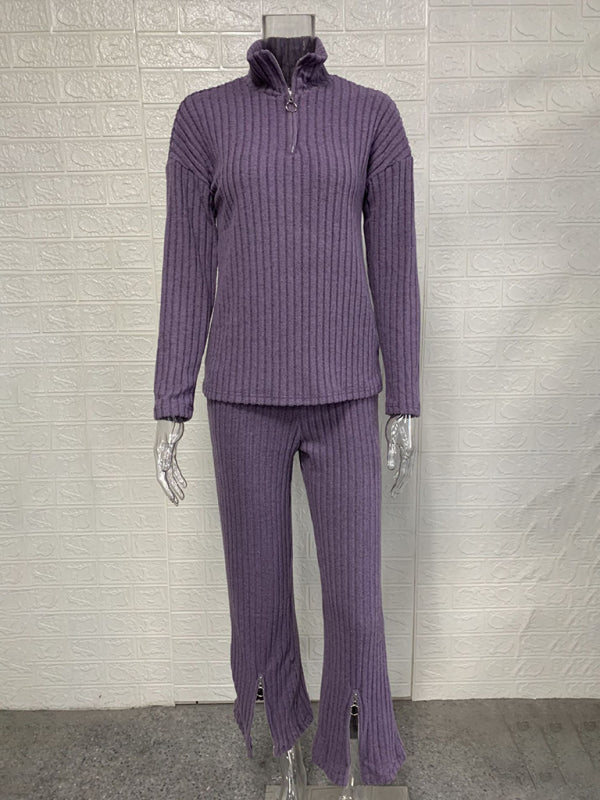 New women's solid color zipper knitted suit high collar ribbed home wear two-piece suit