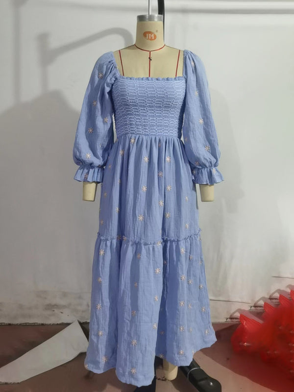 New style casual trumpet sleeves embroidered square collar sunflower swing blue dress