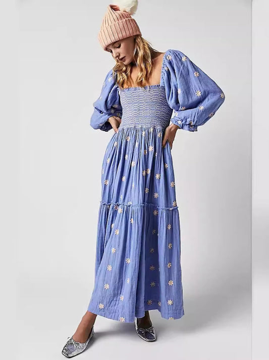 New style casual trumpet sleeves embroidered square collar sunflower swing blue dress
