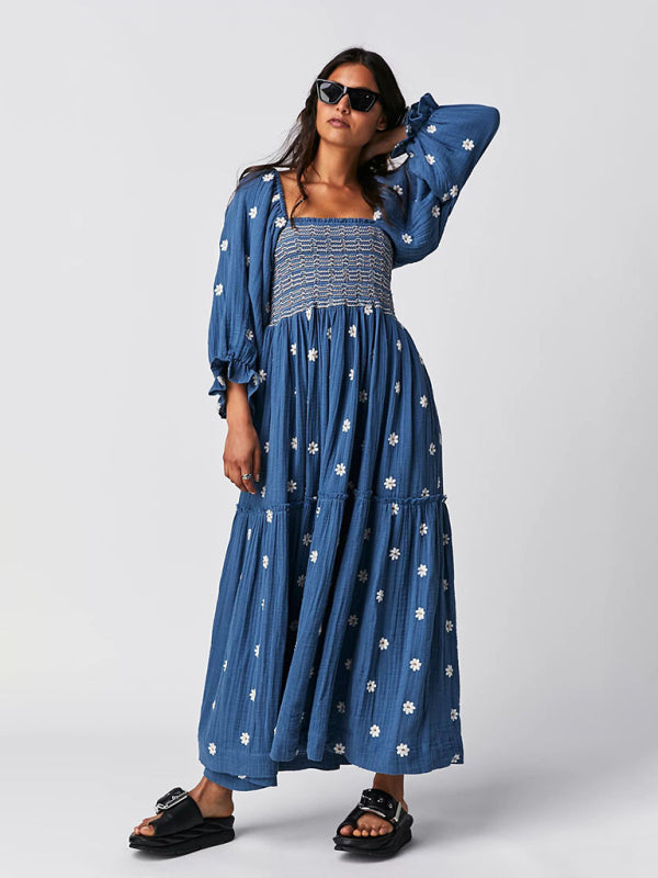 New casual embroidered square collar white sunflower dark blue dress