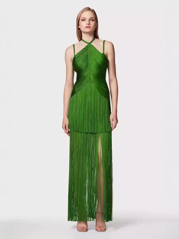 New green halter neck maxi dress with fringe hem for dinner party Dress