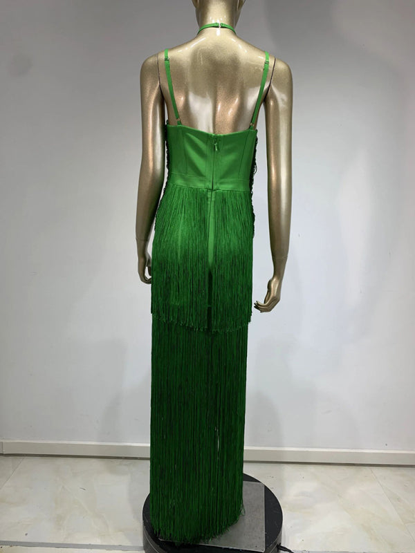 New green halter neck maxi dress with fringe hem for dinner party Dress
