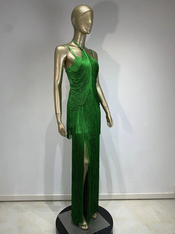 New green halter neck maxi dress with fringe hem for dinner party Dress