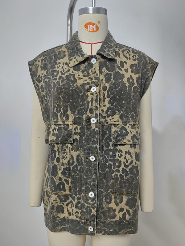 Washed denim new loose leopard print vest waistcoat
