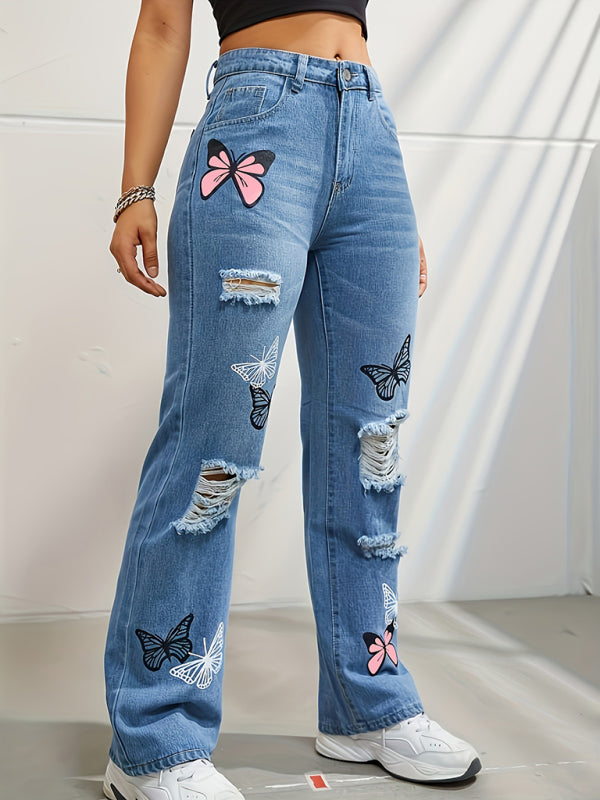 Butterfly Printed Ripped Fashion Straight High Waist Contrast Denim Pants