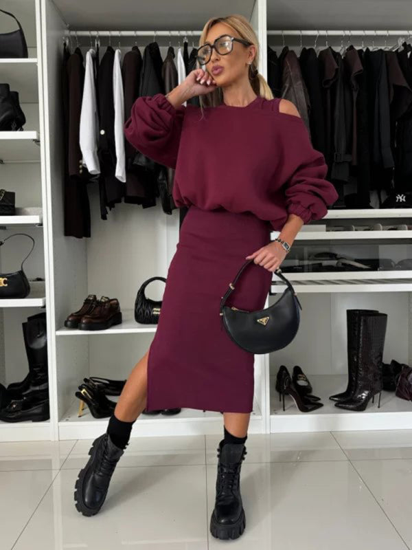 Loose-fitting bat sleeve short sweater vest long skirt suit