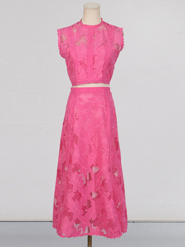 Women's Vacation Round Neck Sleeveless Top + High Waist Embroidered Skirt Set