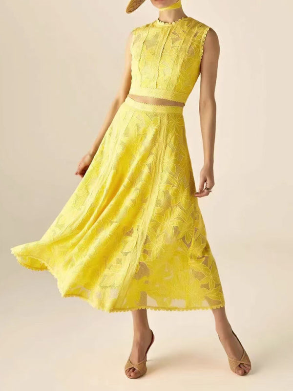 Women's Vacation Round Neck Sleeveless Top + High Waist Embroidered Skirt Set