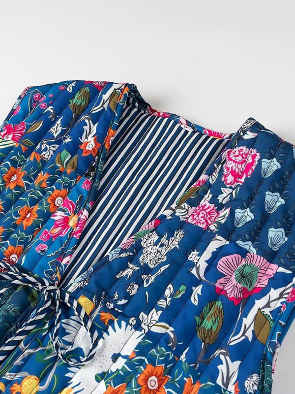 New Fashion V-Neck Sleeveless Lace-Up Retro Floral Print Vest