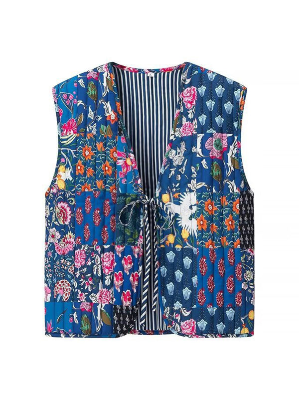 New Fashion V-Neck Sleeveless Lace-Up Retro Floral Print Vest