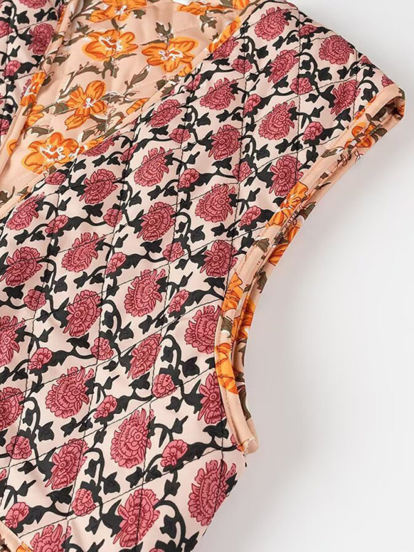 New Fashion V-Neck Sleeveless Lace-Up Retro Floral Print Vest