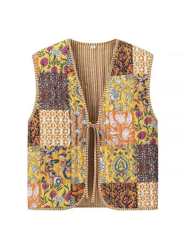 New Fashion V-Neck Sleeveless Lace-Up Retro Floral Print Vest