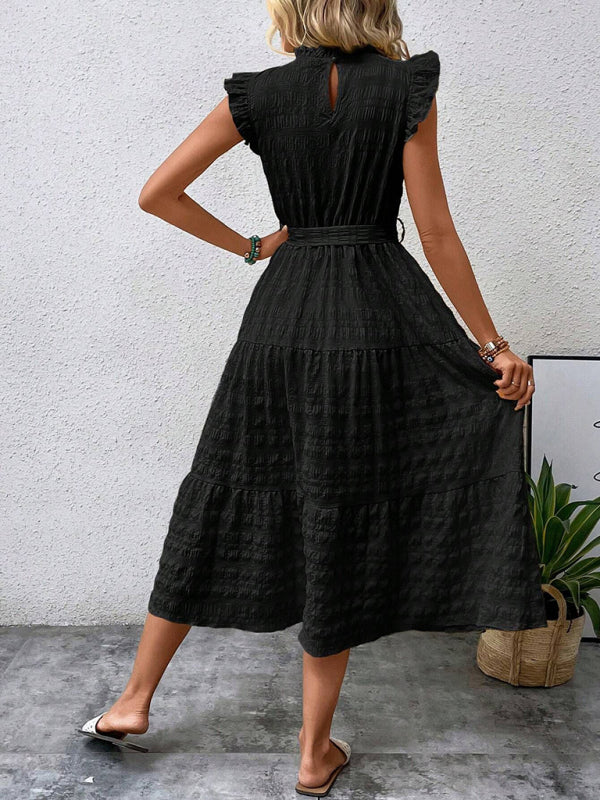 New Fashion Ruffled Flying Sleeve Lace-up Textured Dress