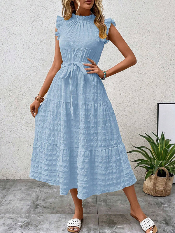 New Fashion Ruffled Flying Sleeve Lace-up Textured Dress