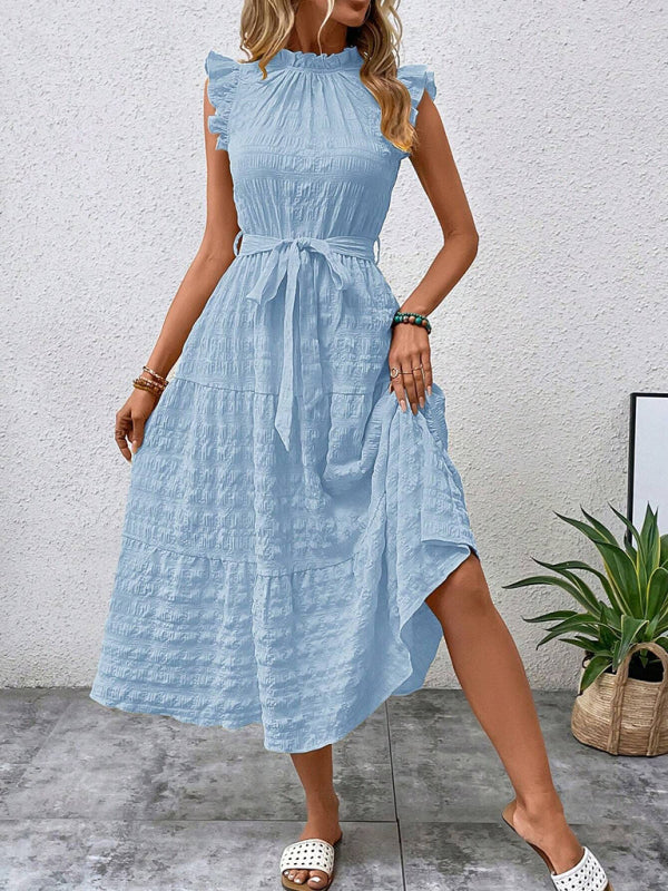 New Fashion Ruffled Flying Sleeve Lace-up Textured Dress