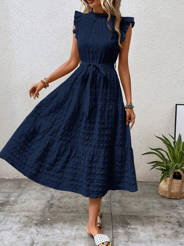 New Fashion Ruffled Flying Sleeve Lace-up Textured Dress