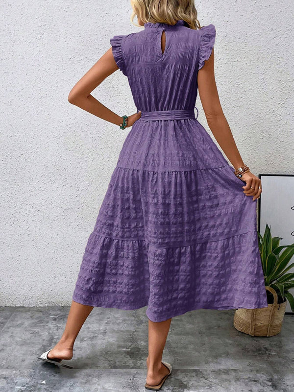 New Fashion Ruffled Flying Sleeve Lace-up Textured Dress