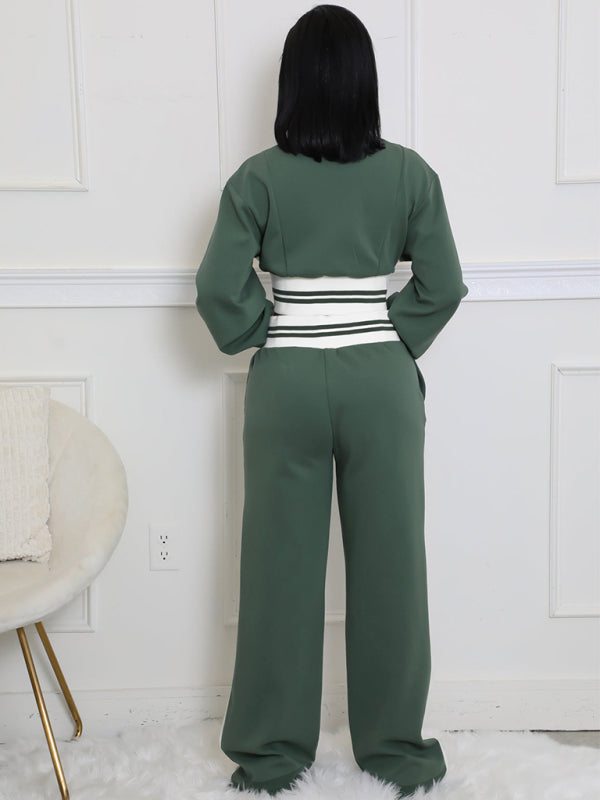 Color Block Stitching Contrast Wide Leg Flared Pants Two-Piece Set