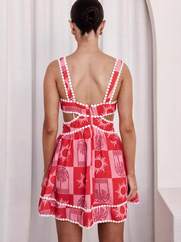 Women's suspender print decoration lace waist-baring sexy dress