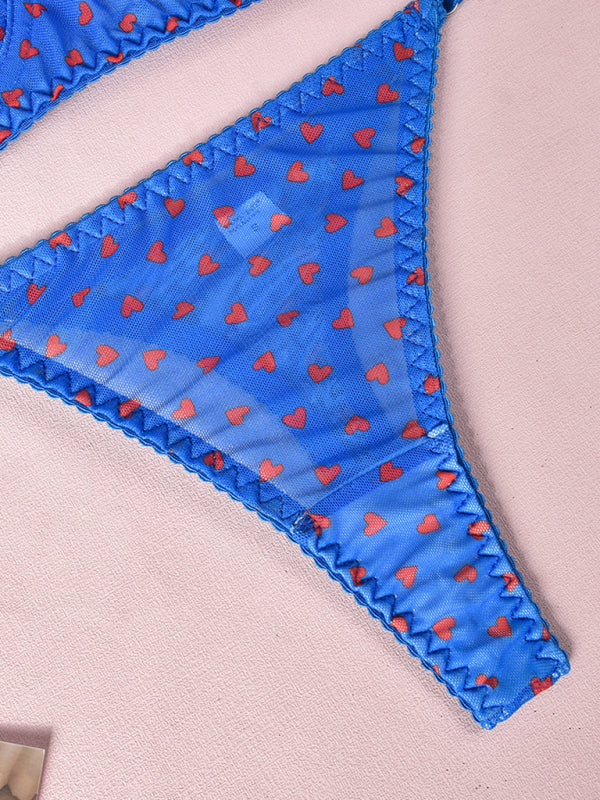 Valentine's Day heart-shaped print see-through sexy temptation three-point sexy underwear set