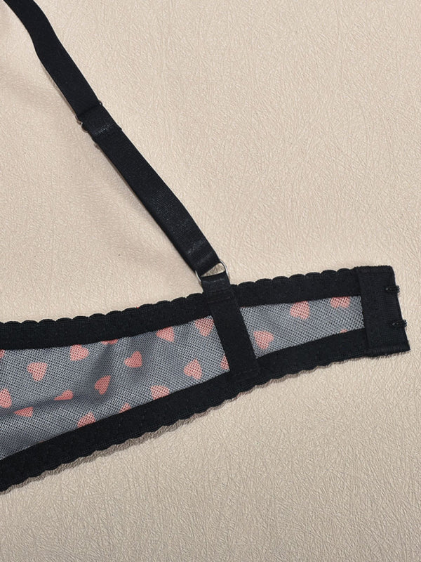 Valentine's Day heart-shaped print see-through sexy temptation three-point sexy underwear set