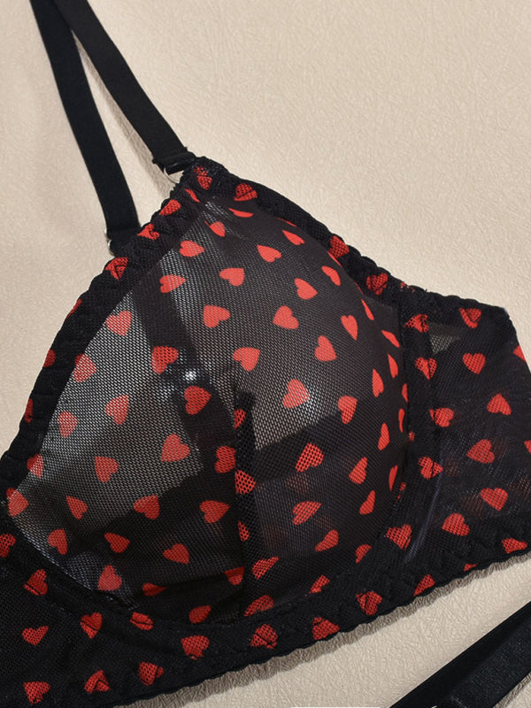 Valentine's Day heart-shaped print see-through sexy temptation three-point sexy underwear set