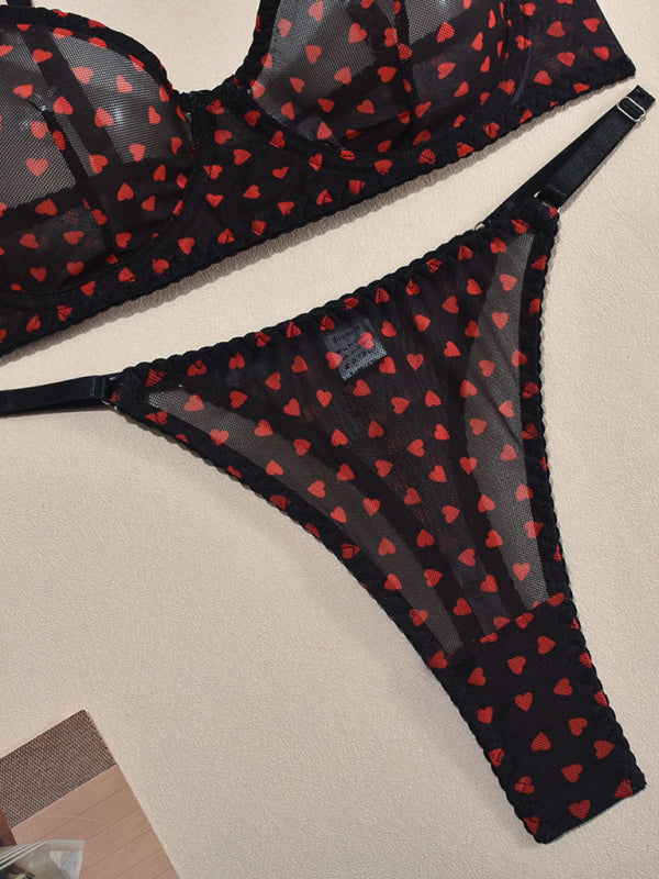 Valentine's Day heart-shaped print see-through sexy temptation three-point sexy underwear set