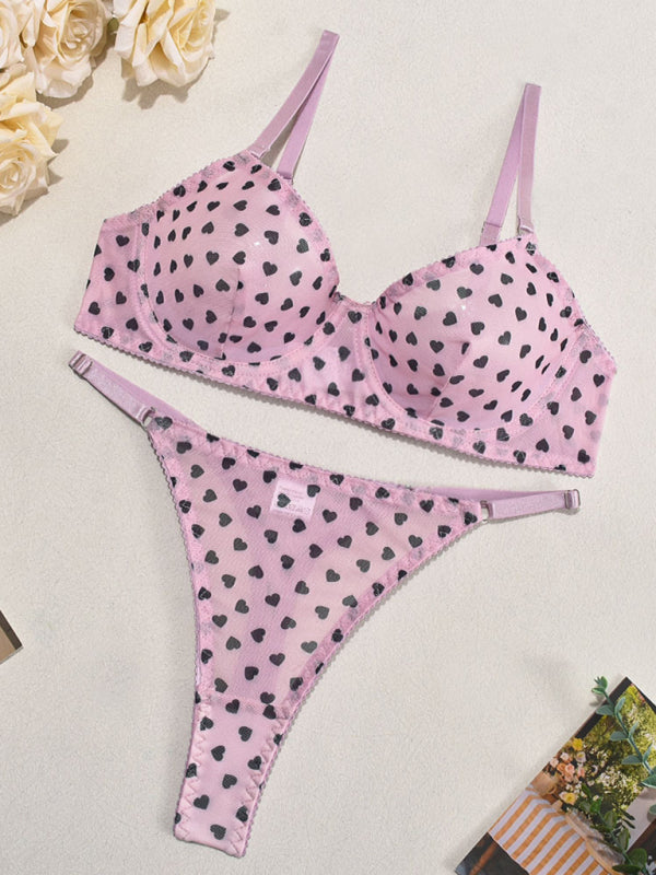 Valentine's Day heart-shaped print see-through sexy temptation three-point sexy underwear set