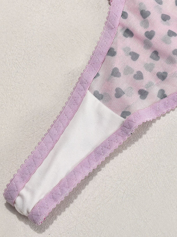 Valentine's Day heart-shaped print see-through sexy temptation three-point sexy underwear set