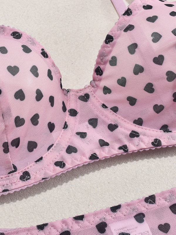 Valentine's Day heart-shaped print see-through sexy temptation three-point sexy underwear set
