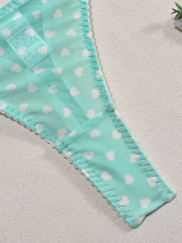 Valentine's Day heart-shaped print see-through sexy temptation three-point sexy underwear set