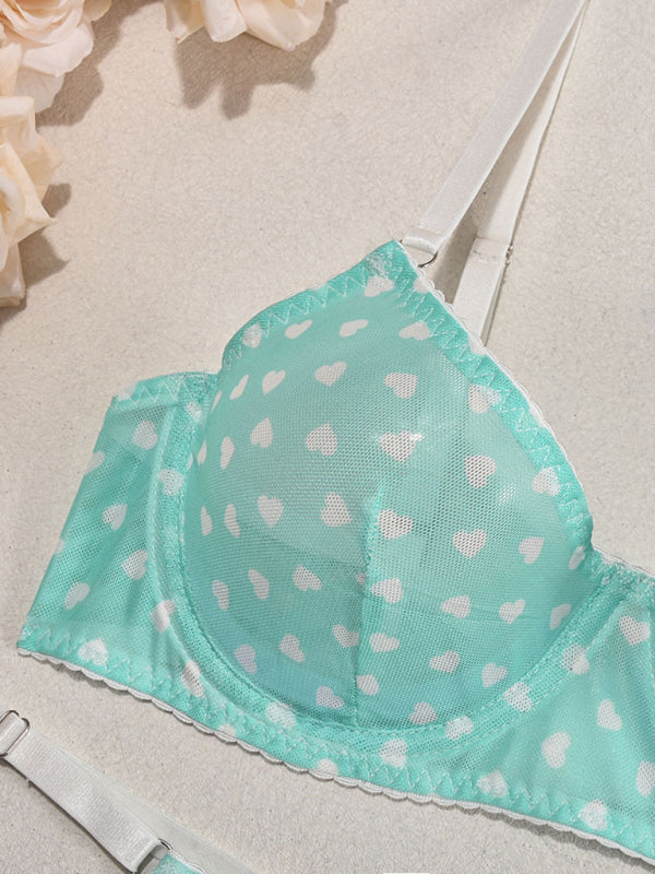 Valentine's Day heart-shaped print see-through sexy temptation three-point sexy underwear set