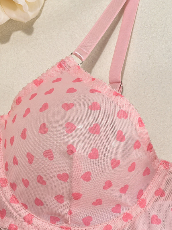 Valentine's Day heart-shaped print see-through sexy temptation three-point sexy underwear set