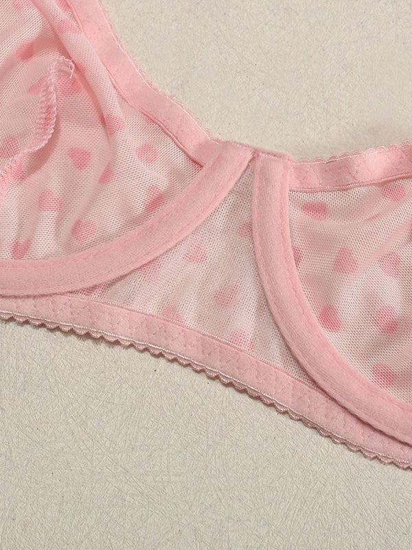 Valentine's Day heart-shaped print see-through sexy temptation three-point sexy underwear set