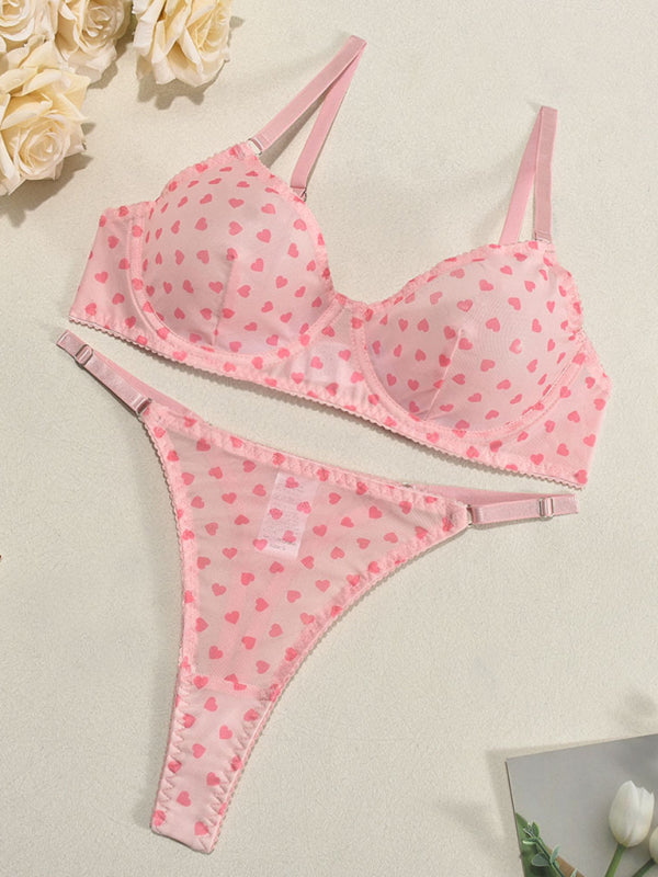 Valentine's Day heart-shaped print see-through sexy temptation three-point sexy underwear set