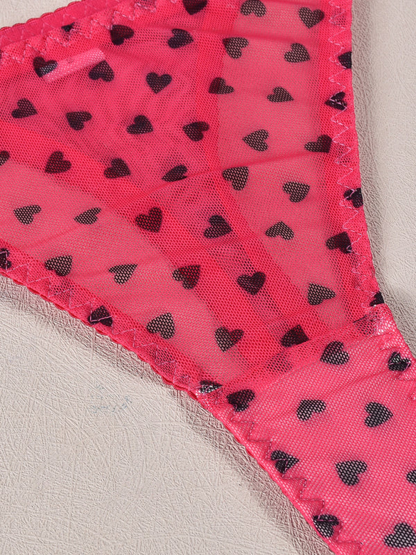 Valentine's Day heart-shaped print see-through sexy temptation three-point sexy underwear set