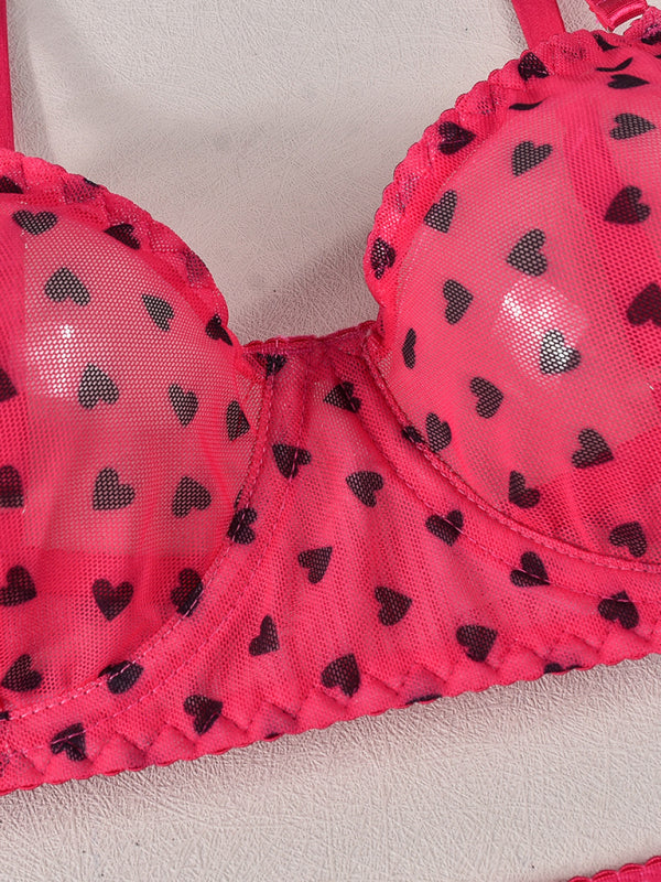 Valentine's Day heart-shaped print see-through sexy temptation three-point sexy underwear set