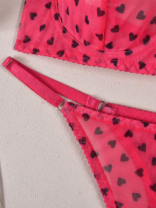 Valentine's Day heart-shaped print see-through sexy temptation three-point sexy underwear set