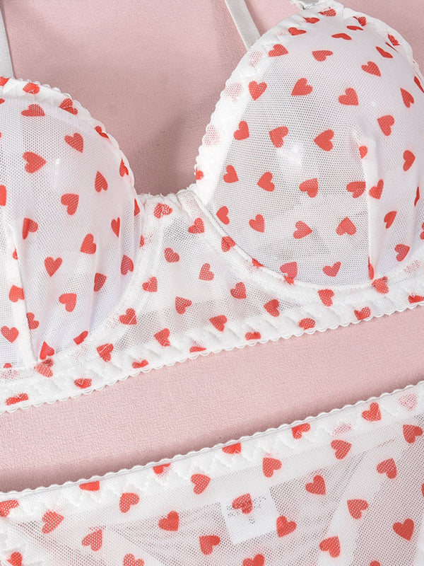 Valentine's Day heart-shaped print see-through sexy temptation three-point sexy underwear set