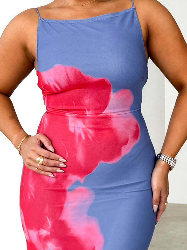 Women's slim-fit suspender dress with contrasting floral print