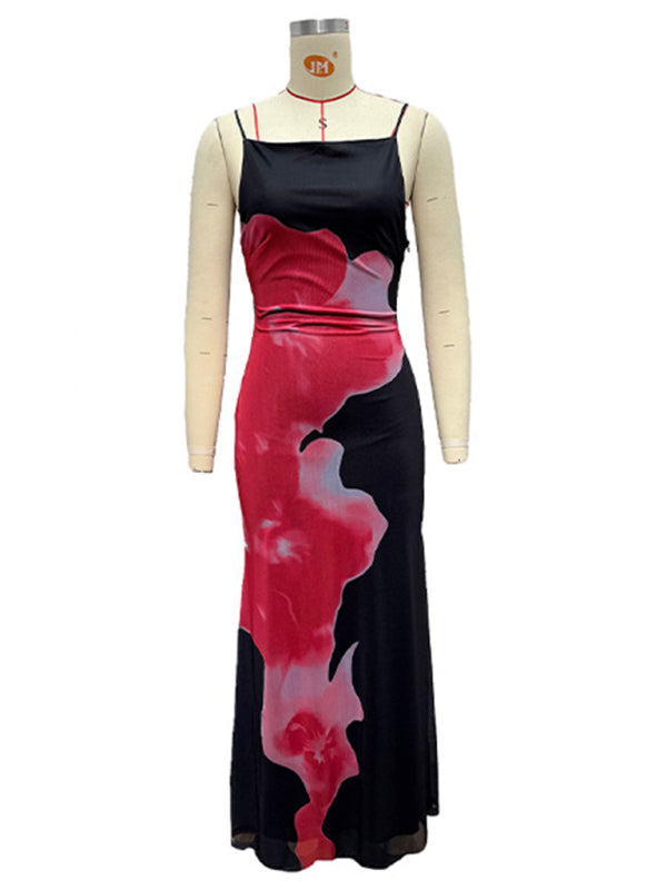Women's slim-fit suspender dress with contrasting floral print