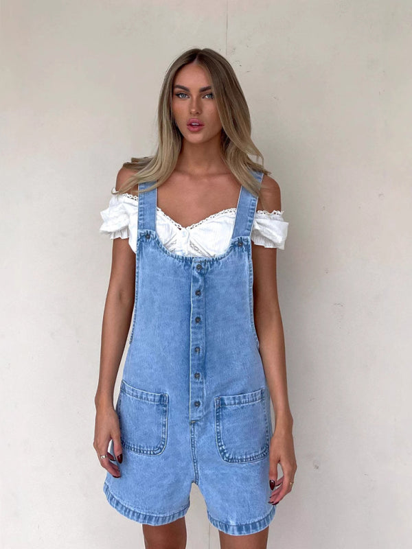 Women's slim straight overalls denim shorts