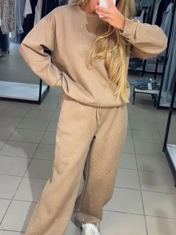 Women's casual round neck long sleeve full body hot diamond drawstring ankle two piece suit